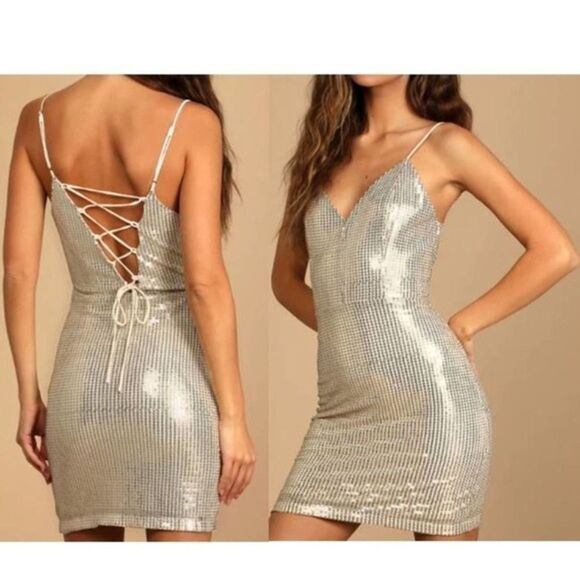 Lulus Women's All Over Sequin Lace-Up Bodycon  Silhouette Mini Dress‎ Large - Picture 1 of 6